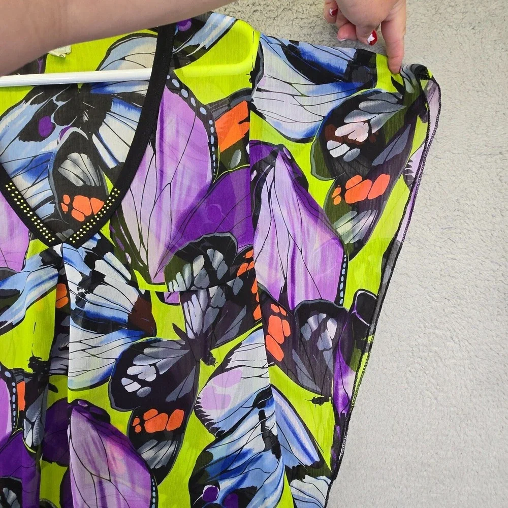 One World Beach Cover Up Women's XL Purple Butterfly Kimono Sheer V-Neck Overlay
